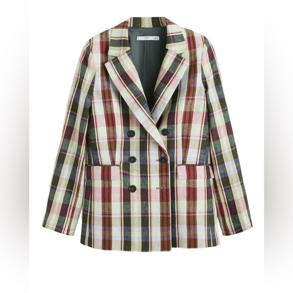 MANGO plaid double breasted linen/cotton blend blazer size S - Picture 1 of 8